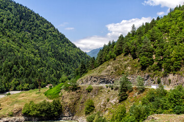 Serpentine mountain road. View of the Goderdzi pass. Caucasus Mountains. Georgia