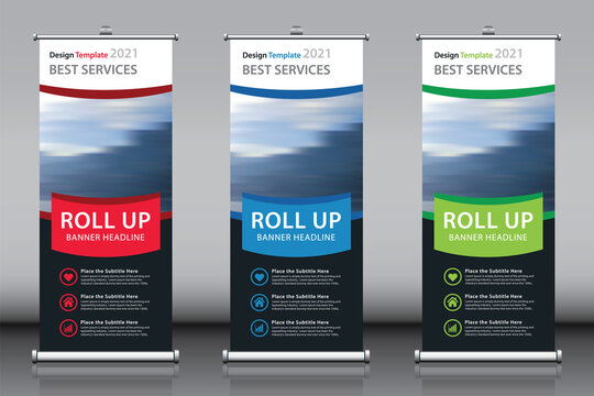 Roll up vertical standee banner design template vector with image and 3 titles. Red green blue Information advertisement branding and street business flag exhibition banner. Editable color 3 in 1