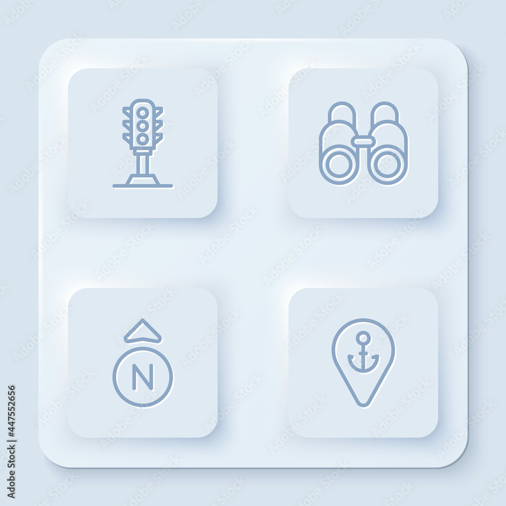 Poster set line traffic light, binoculars, compass and location with anchor. white square button. vector