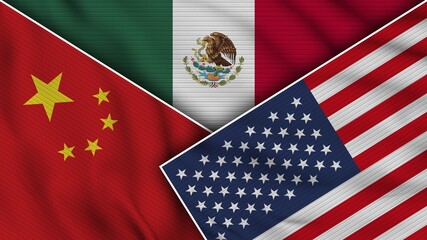 Mexico United States of America China Flags Together Fabric Texture Effect Illustration