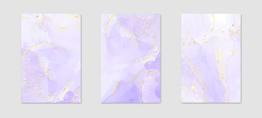 Abstract luxury lavender liquid watercolor background with golden cracks. Pastel violet marble alcohol ink drawing effect. Vector illustration design template for wedding invitation