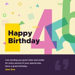 Happy birthday greeting card and social media post banner template. Artistic colourful geometric background.