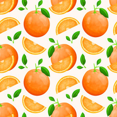 Vector seamless citrus fruit pattern. Halves and slices of bright oranges with green leaves. Sweet healthy natural food dessert.