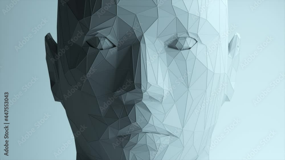 Poster creates a polygonal digital human face. increase polygons and quality. seamless loop 3d animation