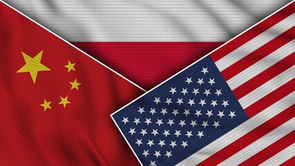 Poland United States of America China Flags Together Fabric Texture Effect Illustration