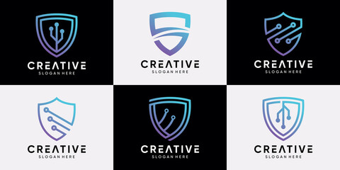 Set of creative shield logo design technology with line art and unique concept. icon logo for business company and personal. Premium Vector