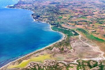 Aerial view of agricultural crops of wheat, olives and orange, on the outskirts of Thessalonica, it...