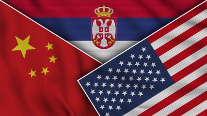 Serbia United States of America China Flags Together Fabric Texture Effect Illustration