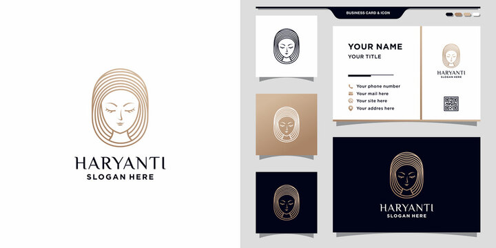 Minimalist beauty logo for woman with line art style and business card design template. Premium Vector