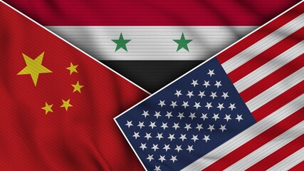Syria United States of America China Flags Together Fabric Texture Effect Illustration