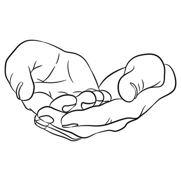 Two human hands with open palms supporting each other in scooping holding gesture. Cartoon style. Black and white linear silhouette.