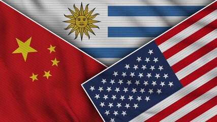 Uruguay United States of America China Flags Together Fabric Texture Effect Illustration