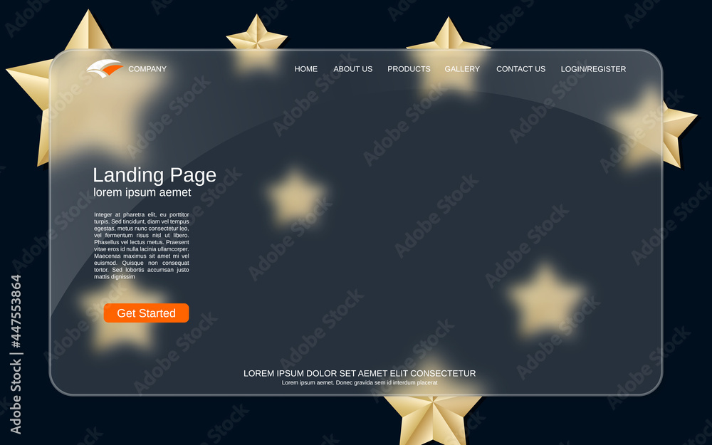 Aufkleber website landing page vector template. black background with golden stars for webpage and application
