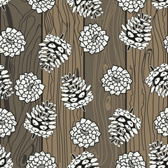 seamless pattern with fir cone and wood texture