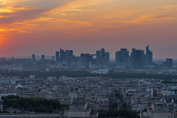 Paris, France - 07 22 2021: Eiffel Tower: View of the Trocadero and la Defense at sunset