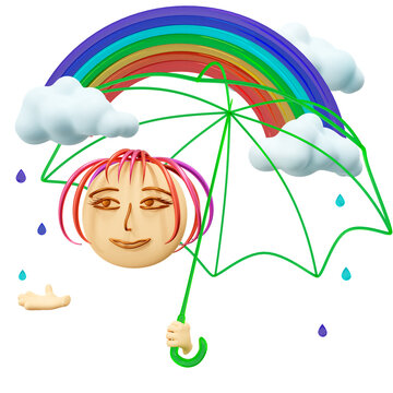 Face of a pretty woman under an umbrella rejoices in the rain, there are clouds and a rainbow in the sky. Concept art emotions of happiness. 3d render illustration