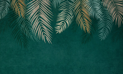 Art wallpaper with leaves on a dark background. Palm leaves, tropical leaves on a green background. Photo wallpapers for the bedroom.