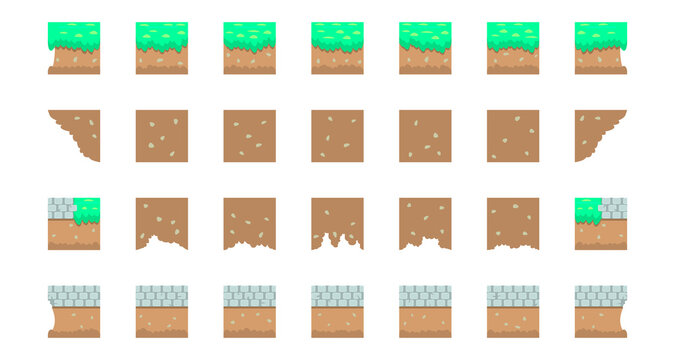 Square with a landscape for creating a video game. A set of create a platformer, consisting of ground, grass and paving stones.
