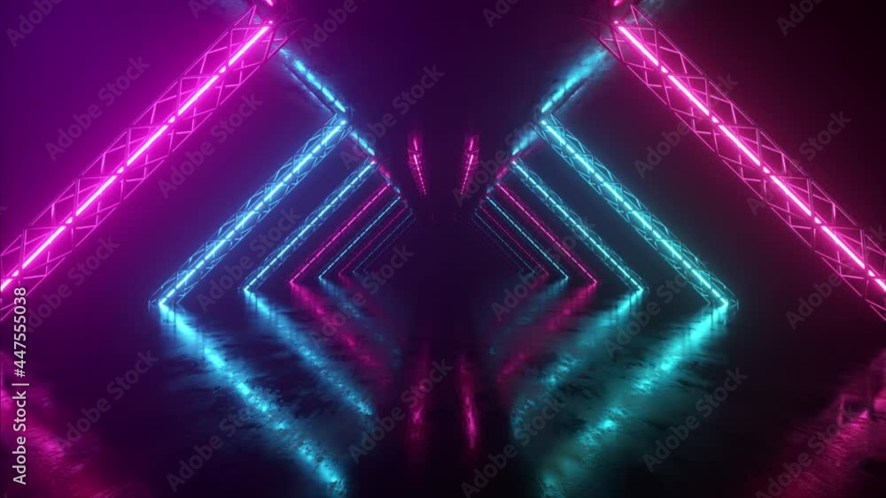 Aufkleber abstract neon background flying forward through the corridor, glowing pink blue lines appear, ultrav