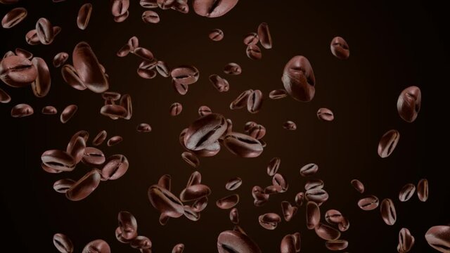 Coffee beans slow falling 3d animation green screen Background. Slow motion. Coffee in Breakfast. roasted offee beans Espresso dark, aroma, black caffeine drink. energy mocha, cappuccino ingredient.