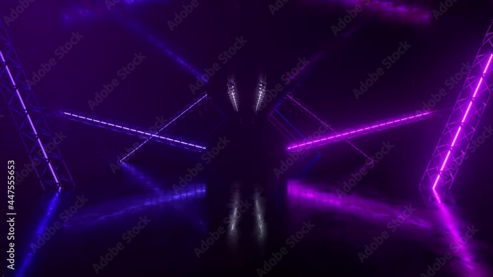 Poster abstract neon background flying forward through the corridor, glowing pink blue lines appear, ultrav