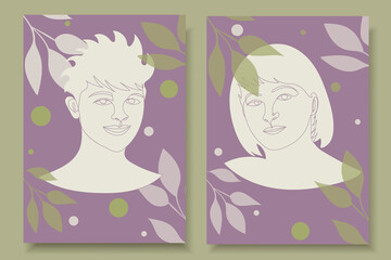 Faces of fictional man and woman on purple background with leaves and circles. Portraits of fictional guy and girl in line technique. Youth in surrealistic style.