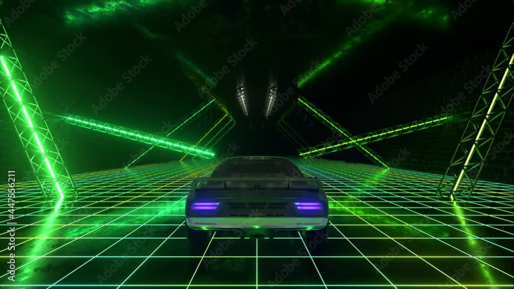 Poster 3d cyberpunk retro style. synthwave. the car is driving in the neon tunnel. seamless loop 3d render