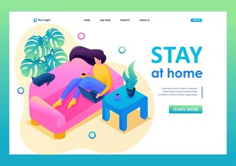 Isometric 3D. Girl Stays At Home During The Lockdown, The Epidemic. Concept Of Landing Page