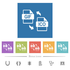 Fototapeta na wymiar GIF ICO file conversion flat white icons in square backgrounds