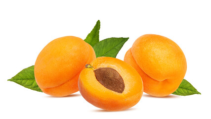 Apricots with leaves isolated on white background with clipping path