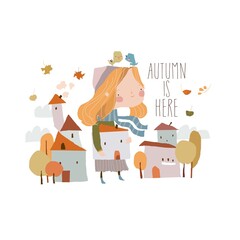 Obraz na płótnie Canvas Cute Cartoon Autumn Girl with Little Houses