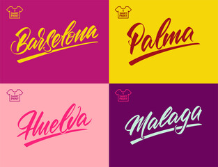 Spanish city names in lettering style. Barcelona, Palma, Malaga, Huelva. For laser cutting and printing. Vector illustration.