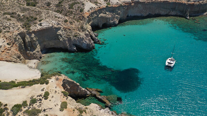 Aerial drone photo of volcanic island with Perlite rock in tropical exotic destination