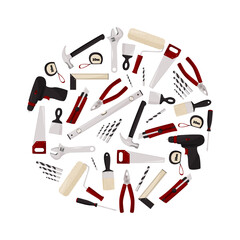 Hand tools for repair in a circle shape. Collection of vector realistic images.