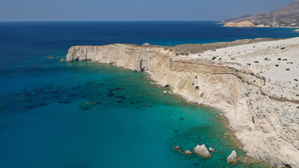 Aerial drone photo of volcanic island with Perlite rock in tropical exotic destination