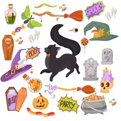 Black kitten. Candy, costumes, magical and creepy items. A large set of Elements for the celebration of Halloween. Vector illustration isolated on white background.