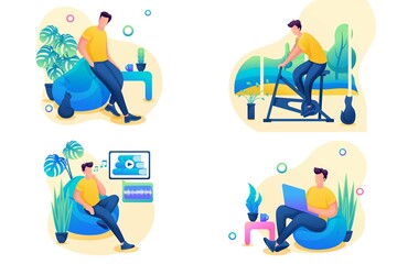 Isometric 3D. Kit Of Illustrations For Web Design. Man Is At Home, Working, Studying, Playing Sports