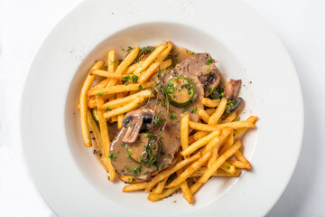 Roast pork on toast with mushrooms, sauce and french fries 
