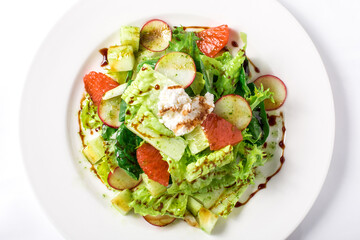 Fresh salad with lettuce, radishes, grapefruit, cheese