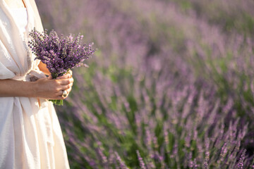 Woman with violet bouquet of fresh lavender flowers in hand on blooming field background. Calmness and mindful concept. Enjoying beauty and scent of nature in summer.