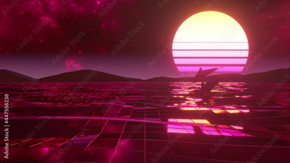 Poster retro 80s style. fly endlessly over the digital ocean. dolphins are jumping over the water. colorful