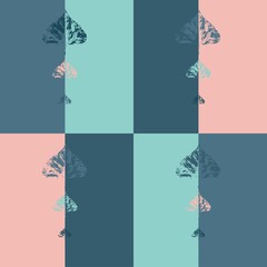 geometric pattern with leaf prints nude trendy pink and aqua, conceptual image about nature conservation, leaf prints at the intersection of straight