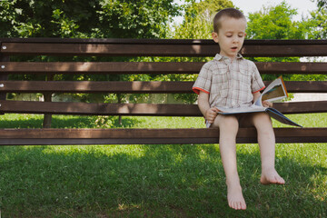 Little boy reading a book on the park bench