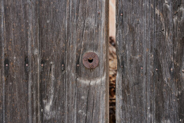 Antique wooden door with rusted hardware