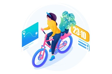 Isometric 3D. Flower Delivery By Bicycle, Girl Courier. Concept For Web Design