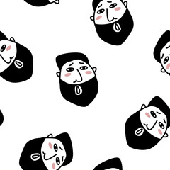 Obraz na płótnie Canvas Hand drawn doodle style man with beard face background. Trendy black and white seamless pattern.