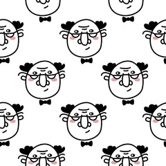 Hand drawn doodle style face of old man with glasses background. Trendy black and white vector seamless pattern.