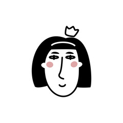 Hand drawn doodle style face of young princess girl. Trendy black and white vector illustration.