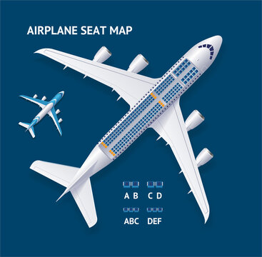 Realistic 3d Detailed Airplane and Seat Map Concept Card. Vector