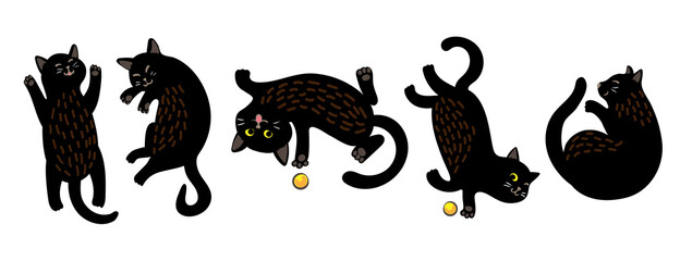 A set of five cute painted black cats. The cat is playing with a yellow ball, sleeping, lying belly up, smiling. A sly little mischief-maker. Children's stylized illustration